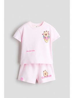 H&M - Girls Pink 2-Piece Printed T-Shirt and Shorts