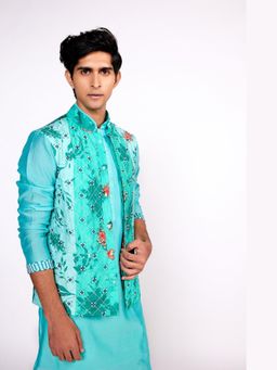 ISHA GUPTA TAYAL - Aqua Green Embroidered Silk Nehru Jacket