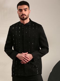 MAYANK MODI - Black Bemberg Mirror Work Embroidered Bandhgala