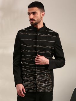 MAYANK MODI - Black Bemberg Thread Work Embroidered Bandhgala