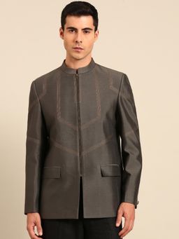 MAYANK MODI - Charcoal Cotton Silk Embroidered Bandhgala