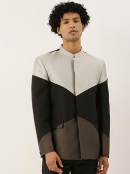 MAYANK MODI - Mens Black Cotton Silk Tri Colorblock Bandhgala