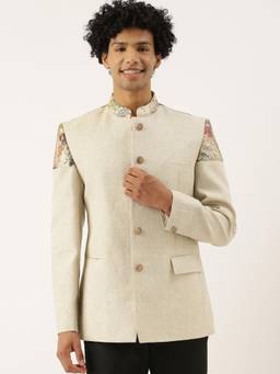 MAYANK MODI - Ivory Chanderi Shimmer Floral Bandhgala