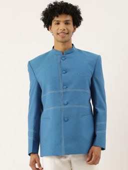 MAYANK MODI - Blue Cotton Solid Bandhgala