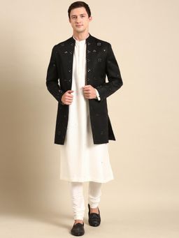 MAYANK MODI - Black Mirror Embroidery Crush Silk Long Open Jacket