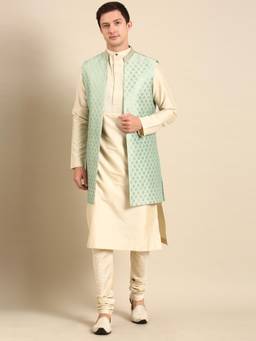 MAYANK MODI - Pista Green Banarasi Silk Jacquard Long Open Jacket