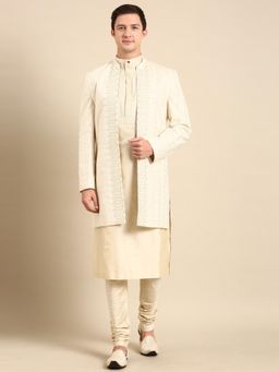 MAYANK MODI - Offwhite Silk Jacquard Long Open Jacket