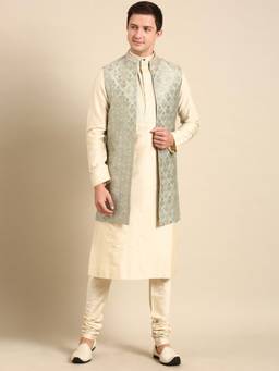 MAYANK MODI - Pista Green Banarasi Silk Jacquard Long Open Jacket