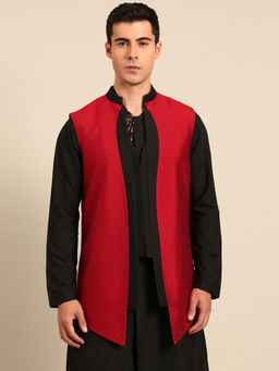 MAYANK MODI - Red Blk Cotton Silk Long Open Jacket