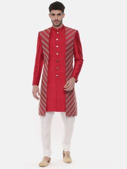 MAYANK MODI - Red Embroidered Sherwani with Pyjama
