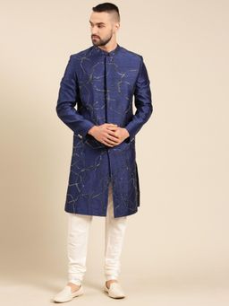 MAYANK MODI - Blue Embroidered Sherwani with Pyjama
