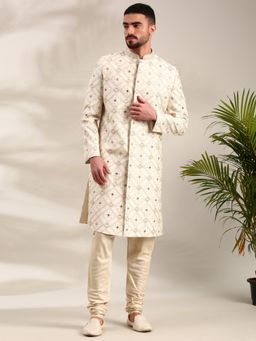 MAYANK MODI - Off White Embroidered Sherwani with Pyjama