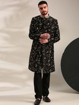 MAYANK MODI - Black Floral Sherwani with Pyjama