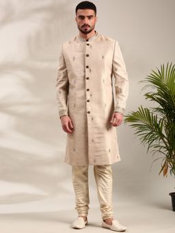 MAYANK MODI - Cream Embroidered Sherwani with Pyjama