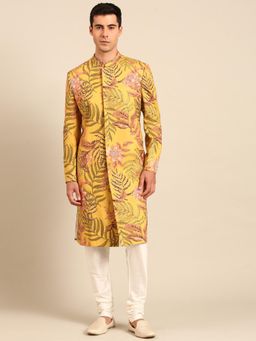 MAYANK MODI - Yellow Printed Sherwani with Pyjama