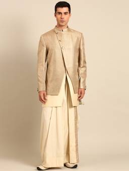 MAYANK MODI - Gold Solid Sherwani with Kurta and Dhoti
