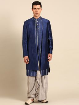 MAYANK MODI - Blue Silver Embroidered Sherwani with Jacket and Pyjama
