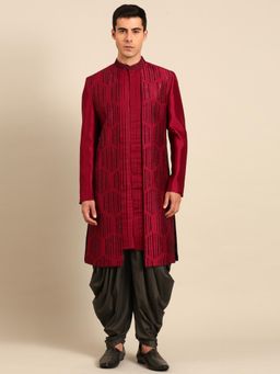 MAYANK MODI - Maroon Geometric Sherwani with Pyjama