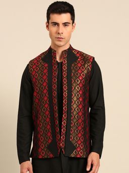 MAYANK MODI - Black Silk Jaquard Short Open Jacket