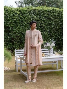 Philocaly - Bhuvan Beige Sherwani Kurta with Chirudar and Stole