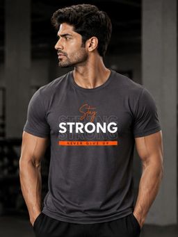 Dpassion - Grey Men's Quick Dry Sports Typography Gym Workout Training T-Shirt