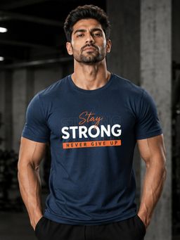 Dpassion - Navy Blue Men's Quick Dry Sports Typography Gym Workout Training T-Shirt