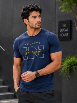 Dpassion - Navy Blue Men's Quick Dry Sports Printed Gym Workout Training T-Shirt