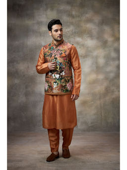 Rivaar by Rocky Star - Rust Printed Kurta with Pant and Nehru Jacket (Set of 3)