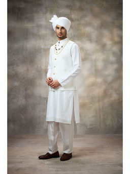 Rivaar by Rocky Star - White Embellished Kurta with Pant and Nehru Jacket (Set of 3)