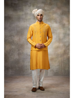 Rivaar by Rocky Star - Yellow Embroidered Kurta with Pant and Nehru Jacket (Set of 3)