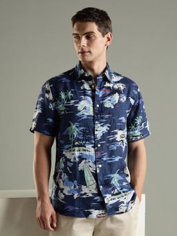 Tommy Hilfiger - Navy Blue Printed Regular Fit Linen Shirt