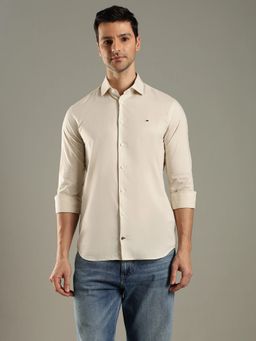 Tommy Hilfiger - Beige Solid Slim Fit Cotton Shirt