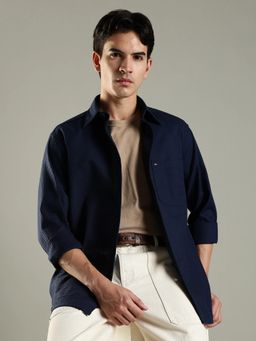Tommy Hilfiger - Navy Blue Textured Relaxed Fit Cotton Shirt
