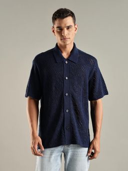 Tommy Hilfiger - Navy Blue Self Design Regular Fit Cotton Shirt