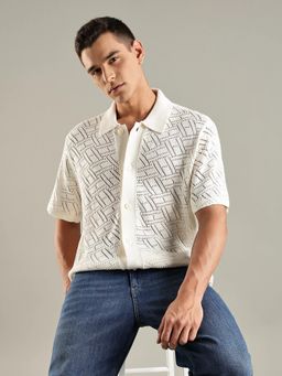 Tommy Hilfiger - White Self Design Regular Fit Cotton Shirt