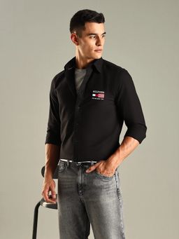 Tommy Hilfiger - Black Typographic Regular Fit Cotton Shirt