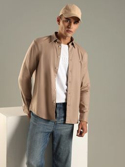 Tommy Hilfiger - Beige Solid Regular Fit Cotton Shirt
