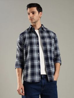 Tommy Hilfiger - Navy Blue Checked Regular Fit Polyester Shirt
