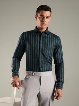 Tommy Hilfiger - Green Striped Regular Fit Cotton Shirt