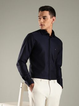 Tommy Hilfiger - Navy Blue Self Design Regular Fit Cotton Shirt