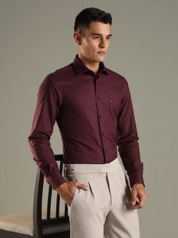 Tommy Hilfiger - Maroon Striped Regular Fit Cotton Shirt