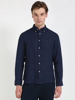 Tommy Hilfiger - Navy Blue Solid Regular Fit Linen Shirt