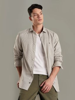 Tommy Hilfiger - Beige Striped Slim Fit Cotton Shirt