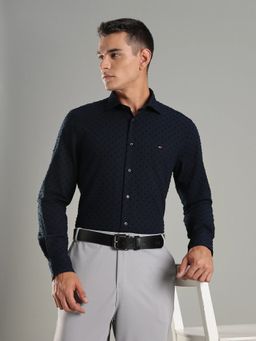 Tommy Hilfiger - Navy Blue Self Design Regular Fit Cotton Shirt