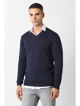Van Heusen - Men Navy Blue Solid V-Neck Sweater