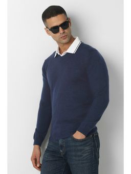 Van Heusen - Men Navy Blue Solid V-Neck Sweater