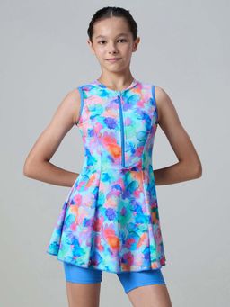 Speedo - Blue Printed Round Neck Swimdress With Attached Shorts