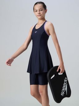 Speedo - Navy Blue Solid/Plain Round Neck Swimdress With Attached Shorts