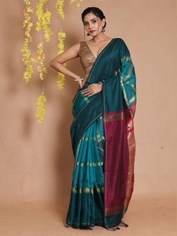 CHARUKRITI - Teal Cotton Blend Handwoven Checkered Zari Woven Designs Saree with Unstitched Blouse
