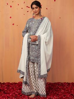 Indya - Grey Floral Jaal Print Cotton Kurta with Sharara and Dupatta (Set of 3)